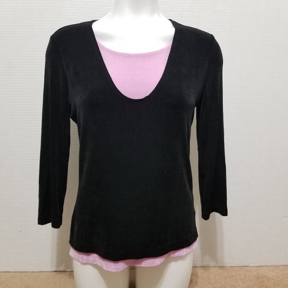 Softwear by Mark Singer top Small slinky layered look 2fer side split 3/4 sleeve - Picture 1 of 11
